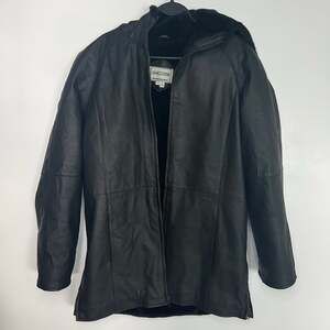 Fitzwright Black Leather Hooded Jacket Coat Size Small